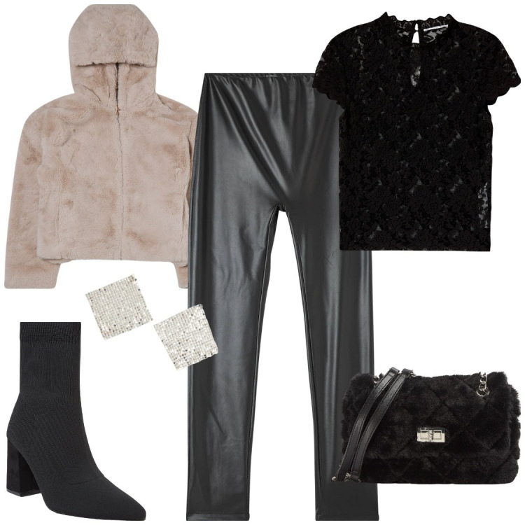 Outfit donna - Nigth party di Natale. Stile Glamour per Serata fuori. Abbinamento con treggings, t-shirt, stivaletti, borse a spalla, blazer, orecchini.