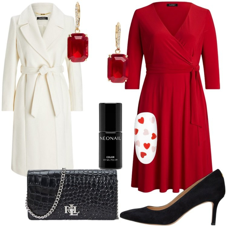 Outfit donna - Eleganza avvolgente - Focus Donna Curvy. Stile Chic per Serata fuori. Abbinamento con smalti, cappotti, décolleté, borse a mano, vestiti, orecchini.