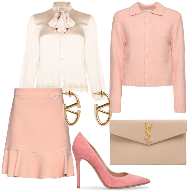 Outfit donna - Evento bon ton. Stile Bon Ton per Serata fuori. Abbinamento con minigonne, camicie, pochette, orecchini, décolleté, cardigans.