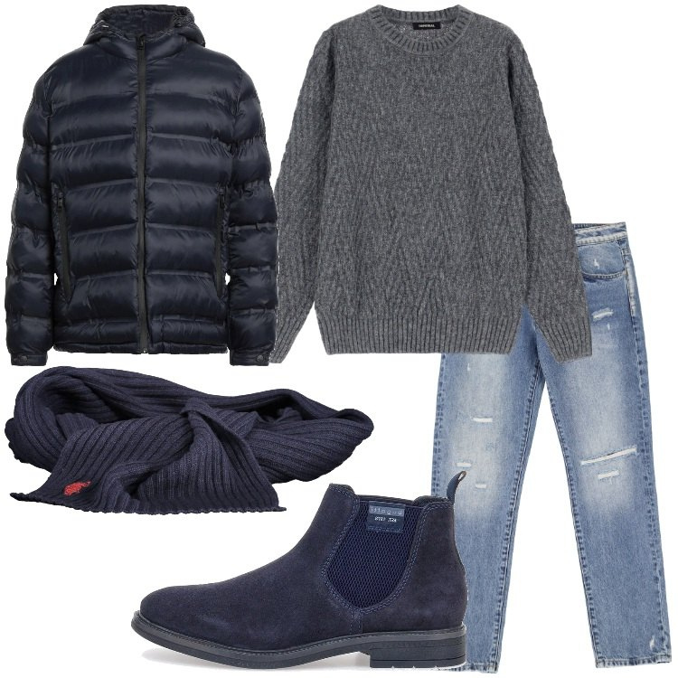 Outfit uomo - Freddo non ti temo. Stile Casual per Tutti i giorni. Abbinamento con piumini, jeans dritti, maglieria, stivali e stivaletti, sciarpe.