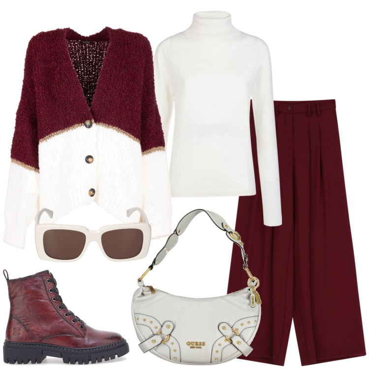 Outfit donna - Tempo libero. Stile Casual per Tutti i giorni. Abbinamento con cardigans, pantaloni, anfibi, occhiali da sole, maglieria, borse a spalla.