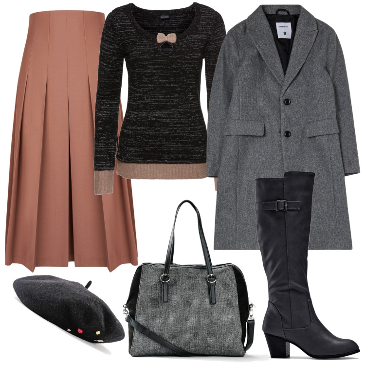 Outfit donna - Winter. Stile Basic per Tutti i giorni. Abbinamento con maglieria, borse a mano, stivali, cappelli e berretti, cappotti, gonne longuette.