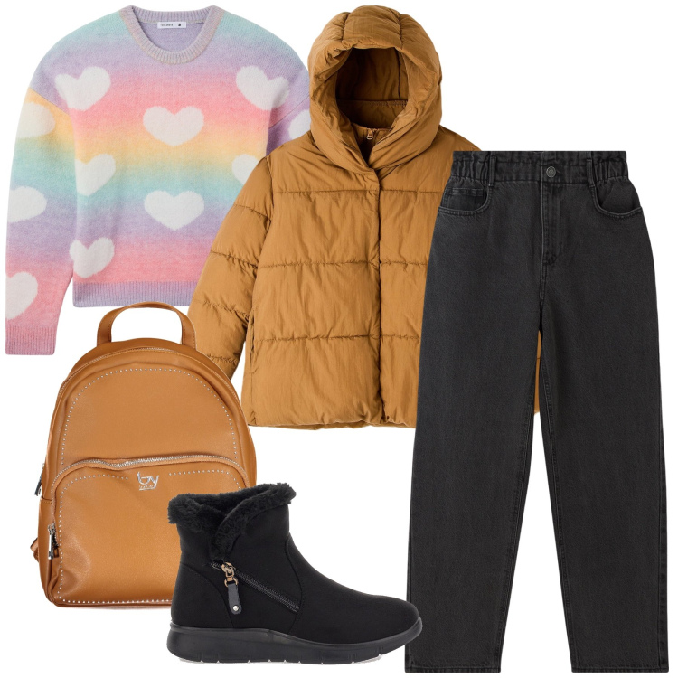 Outfit donna - La maglia con i cuori. Stile Basic per Tutti i giorni. Abbinamento con piumini, jeans, maglieria, stivaletti, zaini.