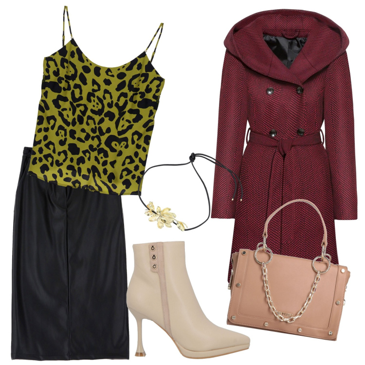 Outfit donna - Chic accattivante. Stile Casual chic per Tutti i giorni. Abbinamento con cappotti, stivaletti, borse a mano, top, gonne longuette, collane.