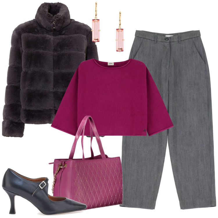 Outfit donna - Ciclamino e grigio. Stile Trendy per Tutti i giorni. Abbinamento con ecopellicce, maglieria, pantaloni chino, orecchini, décolleté, borse a spalla.