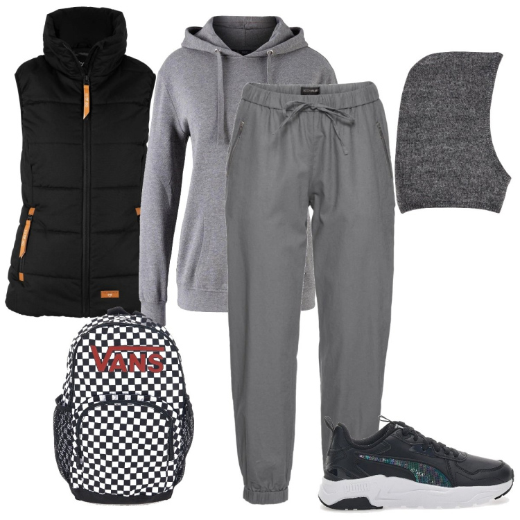 Outfit donna - Sportiva con lo zaino Vans. Stile Sporty chic per Sport. Abbinamento con pantaloni, piumini, felpe con cappuccio, sneakers, zaini, sciarpe.