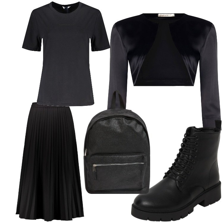 Outfit donna - Serata in nero. Stile Rock per Serata fuori. Abbinamento con zaini, anfibi, bolero, gonne lunghe, t-shirt.
