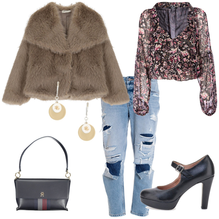 Outfit donna - Total look #2015958. Stile Casual chic per Serata fuori. Abbinamento con bluse, jeans boyfriend, ecopellicce, orecchini, décolleté, borse a spalla.