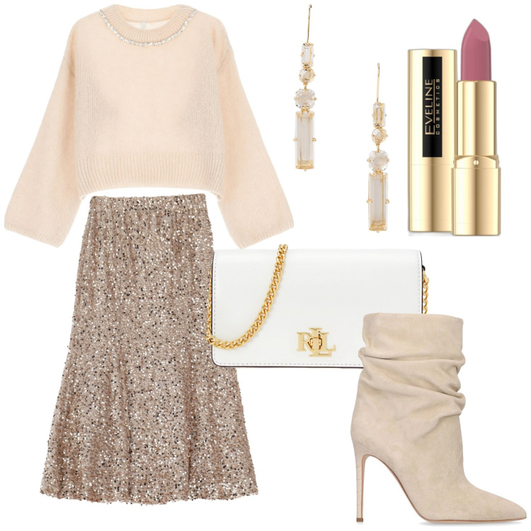 Outfit donna - Gonna e pullover. Stile Glamour per Serata fuori. Abbinamento con rossetti, maglieria, gonne longuette, orecchini, borse a mano, stivaletti.