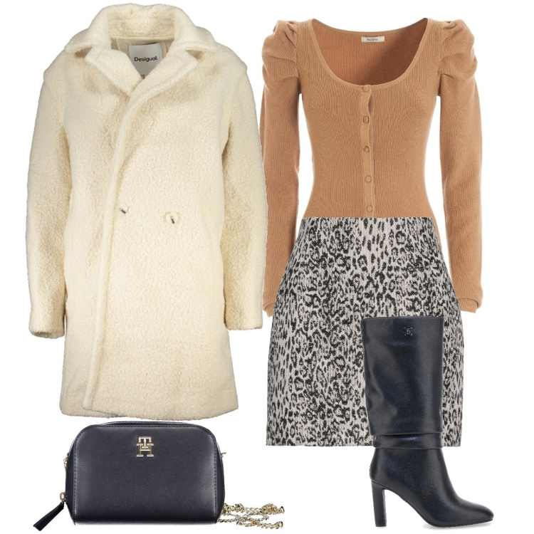 Outfit donna - La minigonna animalier. Stile Romantica per Serata fuori. Abbinamento con minigonne, cardigans, stivali, cappotti, borse a tracolla.