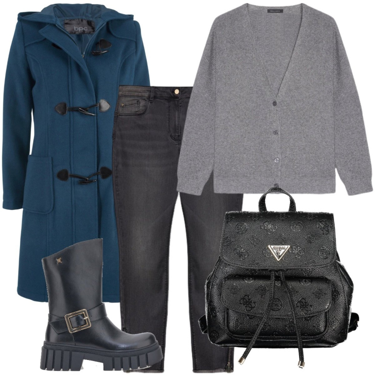 Outfit donna - Il montgomery blu petrolio. Stile Casual chic per Ufficio. Abbinamento con montgomery, stivaletti, cardigans, jeans skinny, zaini.