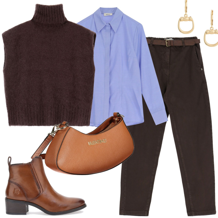 Outfit donna - City. Stile Casual chic per Tutti i giorni. Abbinamento con pantaloni, gilet, camicie, orecchini, stivaletti, borse a spalla.
