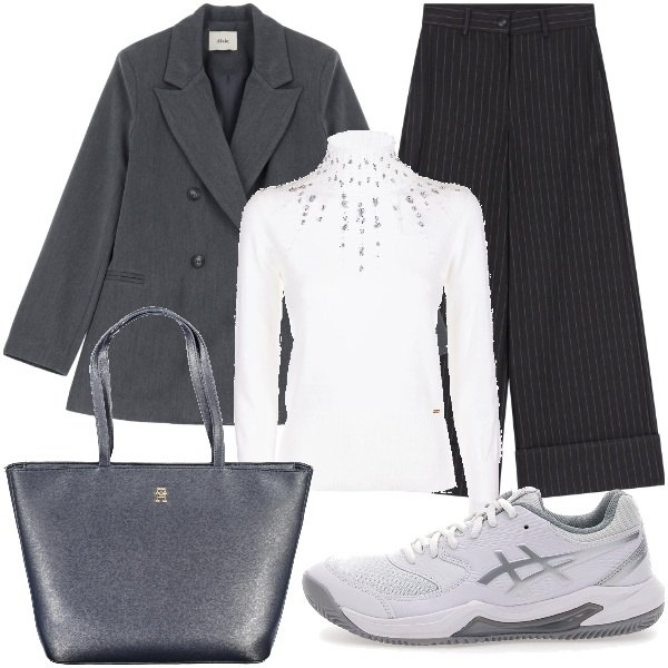 Outfit donna - Total look #2015985. Stile Casual chic per Ufficio. Abbinamento con maglieria, pantaloni a palazzo, blazer, sneakers, borse a spalla.