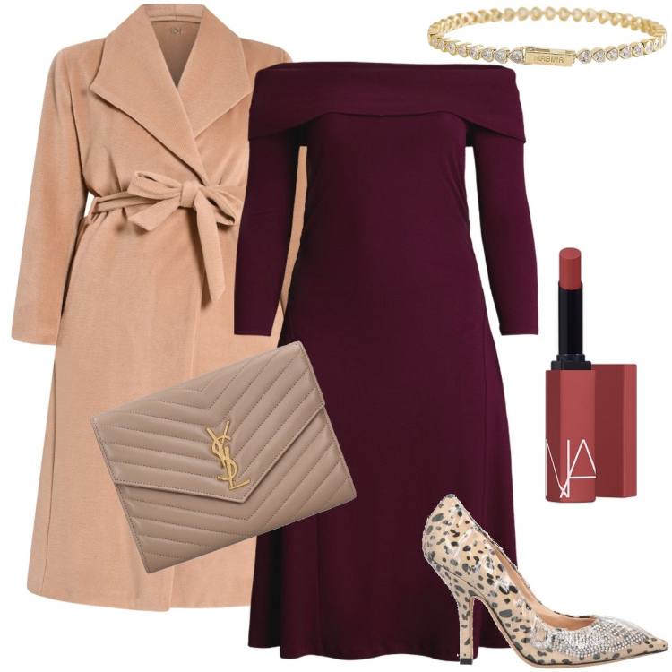 Outfit donna - Chic tra cammello e bordeaux. Stile Chic per Cerimonia. Abbinamento con décolleté, rossetti, braccialetti, cappotti, vestiti, pochette.