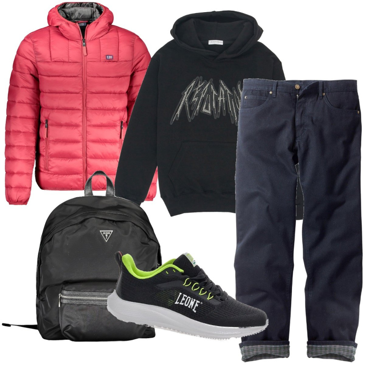 Outfit uomo - Il piumino colorato. Stile Casual per Tutti i giorni. Abbinamento con jeans dritti, felpe con cappuccio, borse sportive, giacche, sneakers.