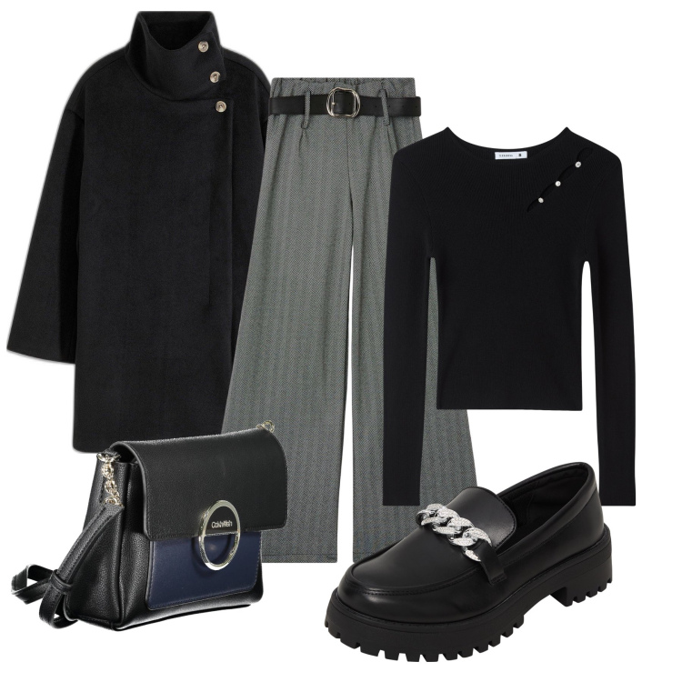 Outfit donna - Total look #2016009. Stile Casual chic per Ufficio. Abbinamento con cappotti, mocassini, maglieria, pantaloni, borse a tracolla.