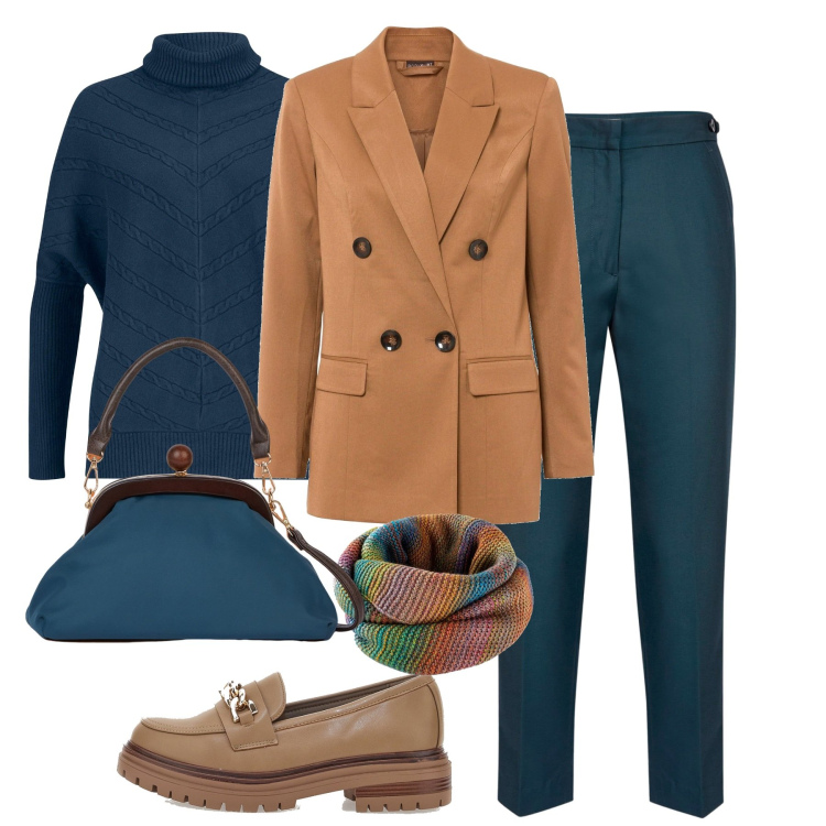 Outfit donna - City. Stile Bon Ton per Tutti i giorni. Abbinamento con foulard, maglieria, blazer, pantaloni, mocassini, clutch.