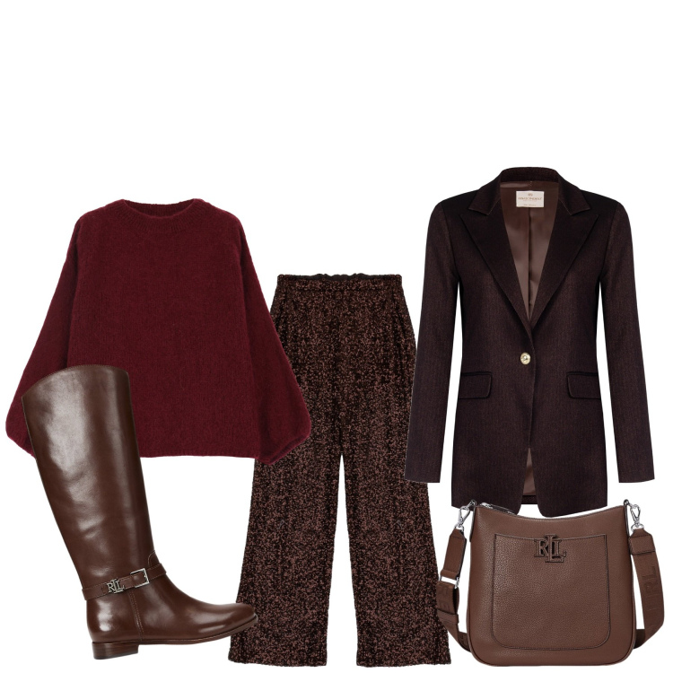 Outfit donna - Serata tra donne. Stile Basic per Serata fuori. Abbinamento con blazer, pantaloni a palazzo, pullovers, borse a tracolla, stivali.