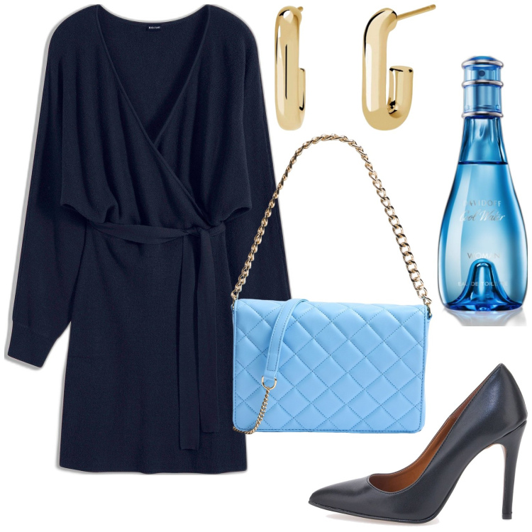Outfit donna - Abito blu. Stile Chic per Serata fuori. Abbinamento con vestiti, profumi, borse a tracolla, orecchini, décolleté.