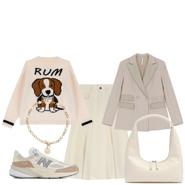 Outfit donna - Con l\'amico fedele. Stile Basic per Tutti i giorni. Abbinamento con sneakers, blazer, pullovers, gonne longuette, collane, borse a spalla.