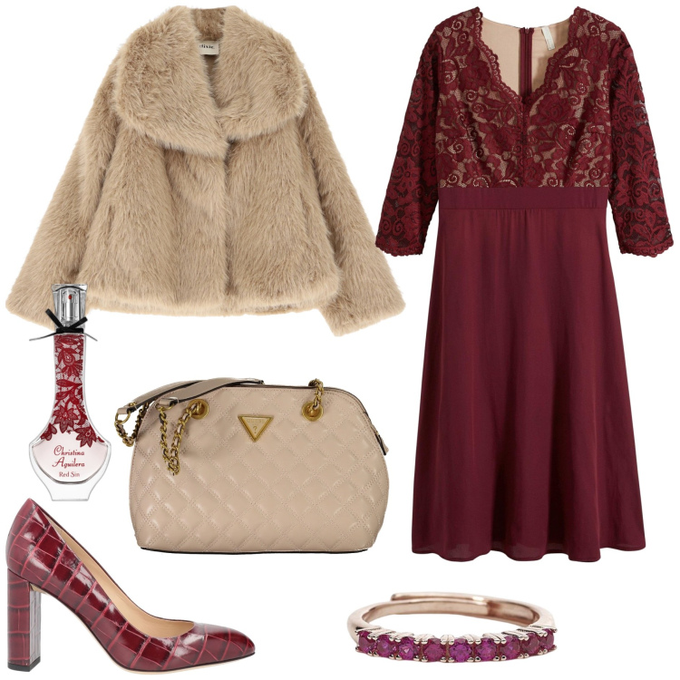 Outfit donna - Chic. Stile Chic per Serata fuori. Abbinamento con vestiti midi/longuette, décolleté, profumi, anelli, ecopellicce, borse a spalla.