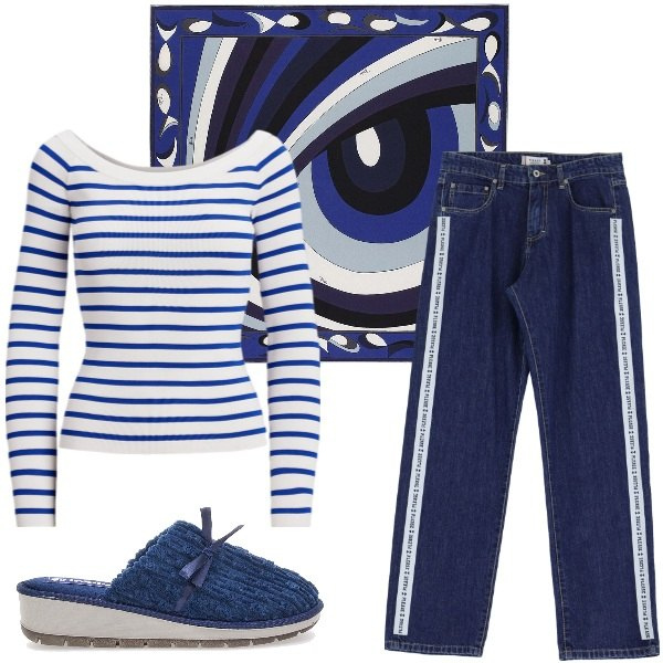 Outfit donna - Smart working..Inblu. Stile Casual per Tutti i giorni. Abbinamento con jeans dritti, maglieria, pantofole, foulard.