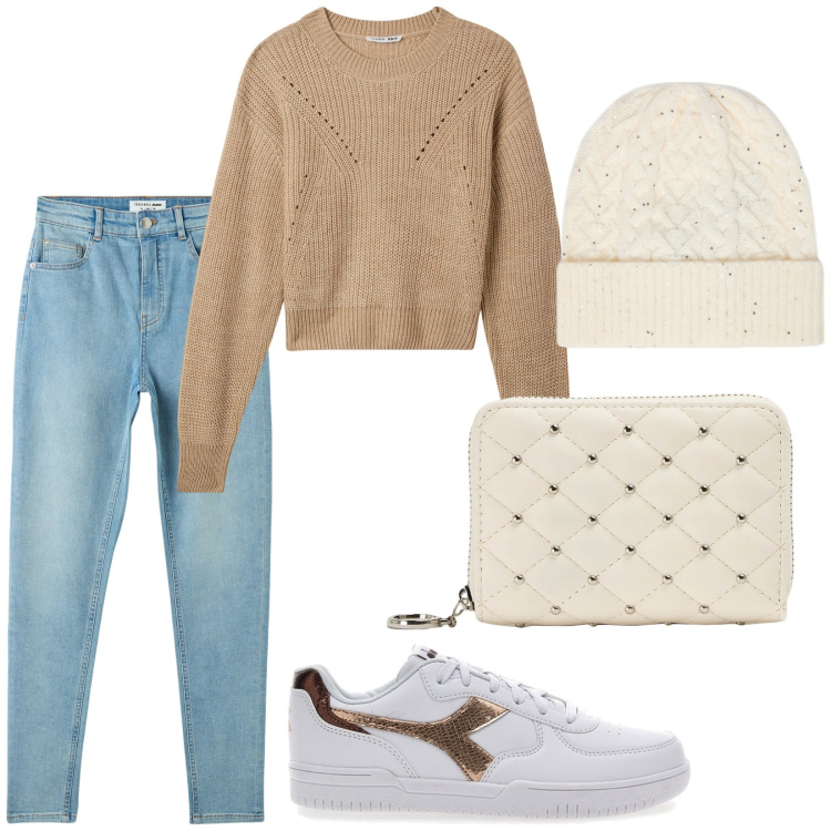 Outfit donna - Casual in beige. Stile Casual per Tutti i giorni. Abbinamento con portafogli, maglieria, jeans skinny, sneakers, cappelli.