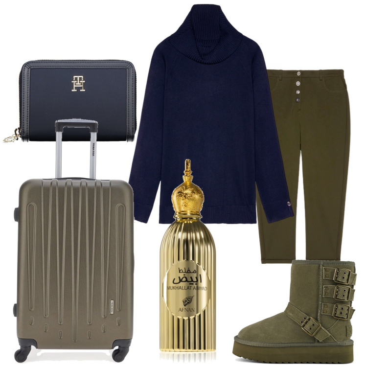 Outfit donna - Verso terre lontane. Stile Casual chic per Tutti i giorni. Abbinamento con profumi, maglieria, stivaletti, portafogli, valigie, pantaloni.