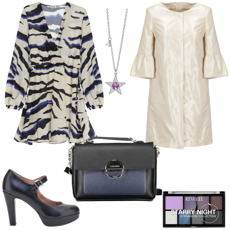 Outfit donna - Cerimonia a dicembre. Stile Glamour per Cerimonia. Abbinamento con trench, ombretti, collane, vestiti corti, borse a tracolla, décolleté.