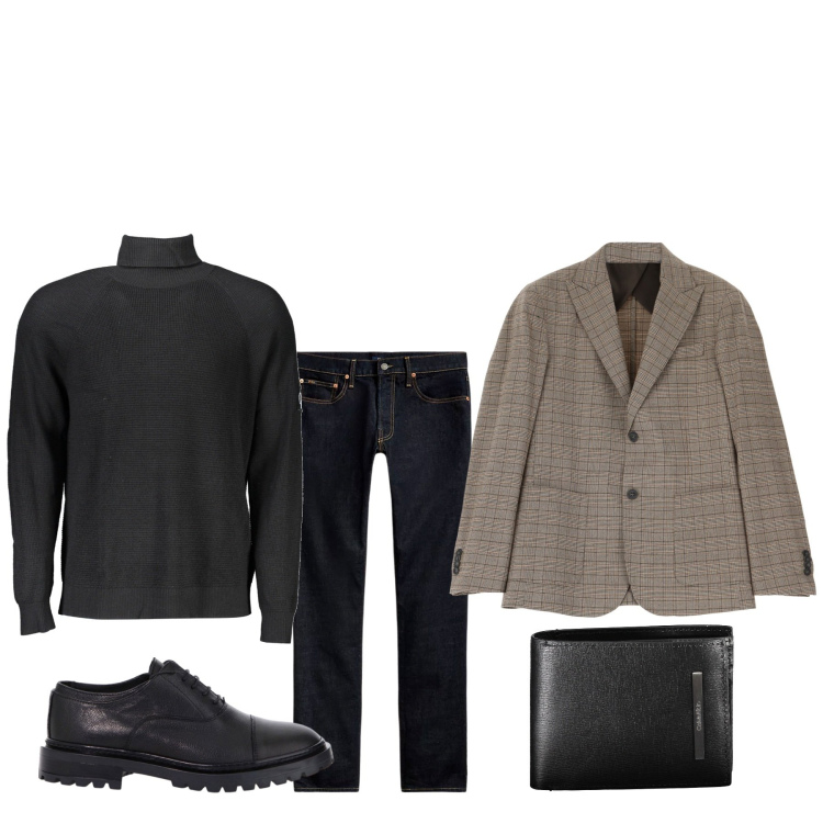 Outfit uomo - A fare la spesa. Stile Urban per Tutti i giorni. Abbinamento con giacche, scarpe stringate, jeans, maglieria, portafogli.