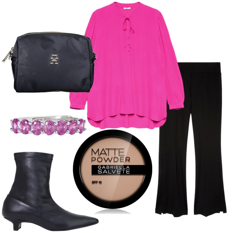 Outfit donna - Gabriella. Stile Bon Ton per Tutti i giorni. Abbinamento con ciprie, anelli, stivaletti, bluse, borse a tracolla, pantaloni.