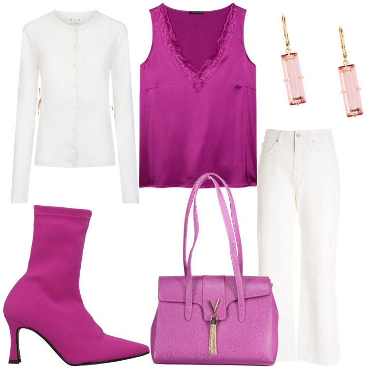 Outfit donna - In ufficio. Stile Casual chic per Ufficio. Abbinamento con stivaletti, top, pantaloni culotte, orecchini, cardigans, borse a spalla.