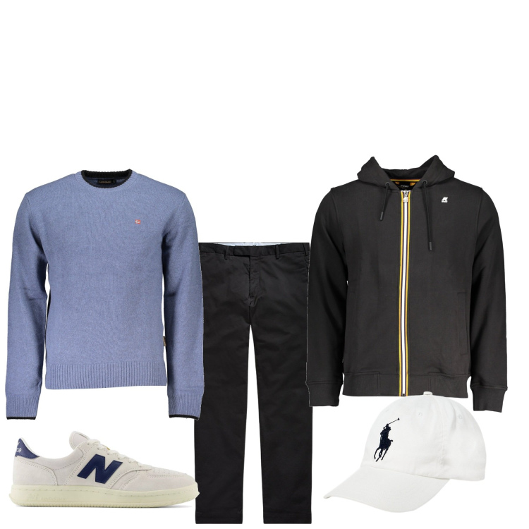 Outfit uomo - Sotto la pioggia. Stile Urban per Tutti i giorni. Abbinamento con sneakers, cappelli, pantaloni chino, felpe con cappuccio, maglieria.