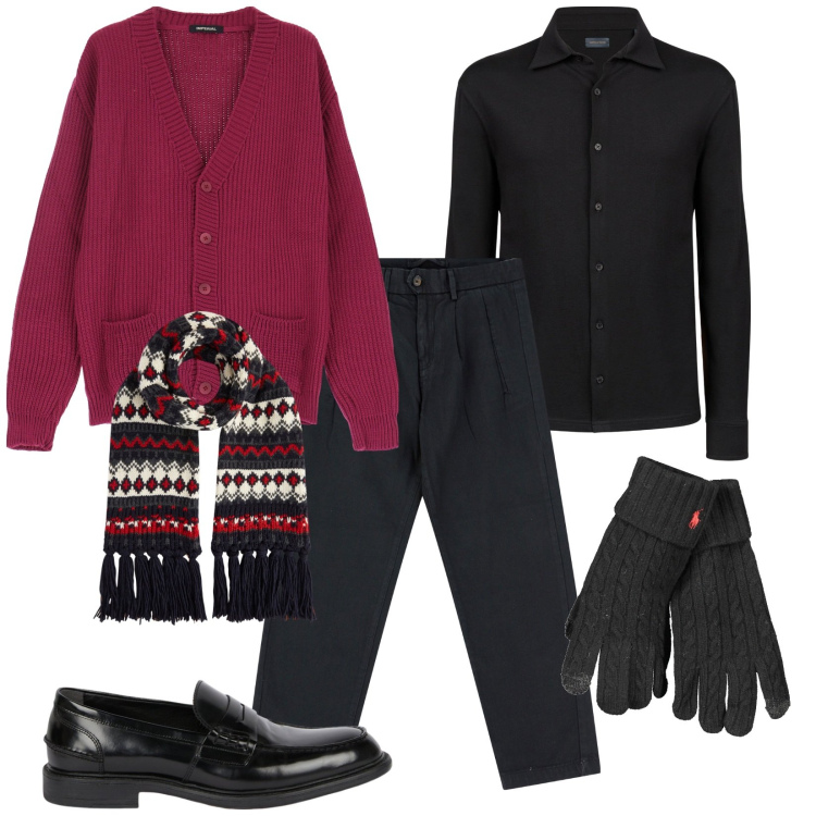 Outfit uomo - Asfalto. Stile Trendy per Serata speciale. Abbinamento con pantaloni, cardigans, polo, sciarpe, scarpe stringate, guanti.