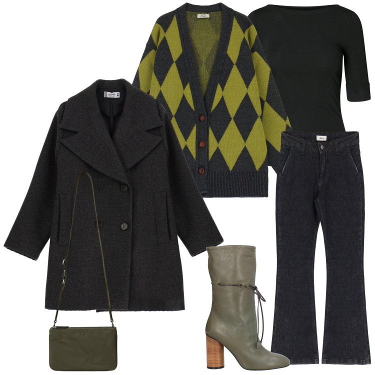 Outfit donna - Cardigan a rombi. Stile Casual chic per Ufficio. Abbinamento con stivaletti, cappotti, t-shirt, borse a tracolla, jeans, cardigans.