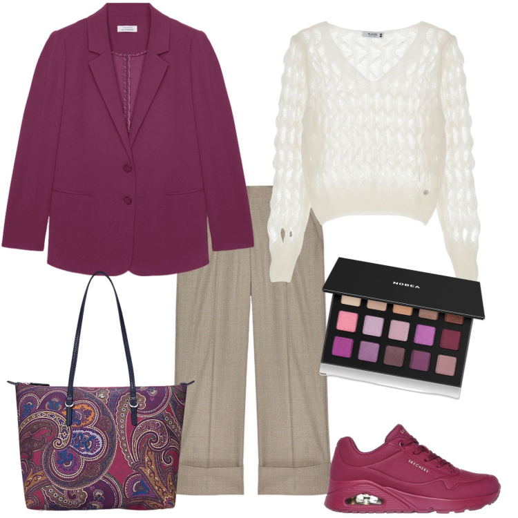 Outfit donna - Look Power Casual Focus Curvy. Stile Casual per Ufficio. Abbinamento con ombretti, maglieria, borse tote, sneakers, pantaloni, blazer.