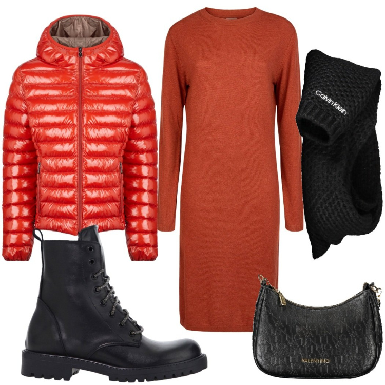 Outfit donna - Arancio neto. Stile Glamour per Tutti i giorni. Abbinamento con stivaletti, blazer, vestiti, sciarpe, borse a spalla.