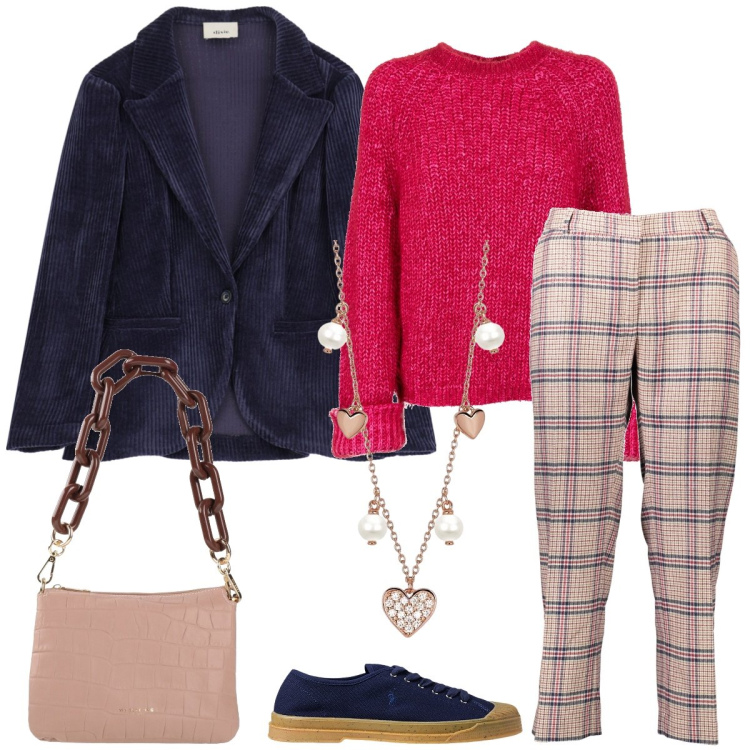 Outfit donna - Università. Stile Casual per Scuola/Università. Abbinamento con borse a mano, collane, blazer, maglieria, sneakers, pantaloni.