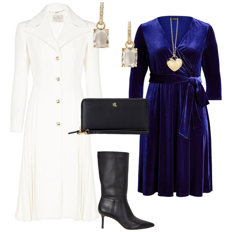 Outfit donna - Total look #2016120. Stile Chic per Serata fuori. Abbinamento con collane, cappotti, stivali, vestiti, pochette, orecchini.