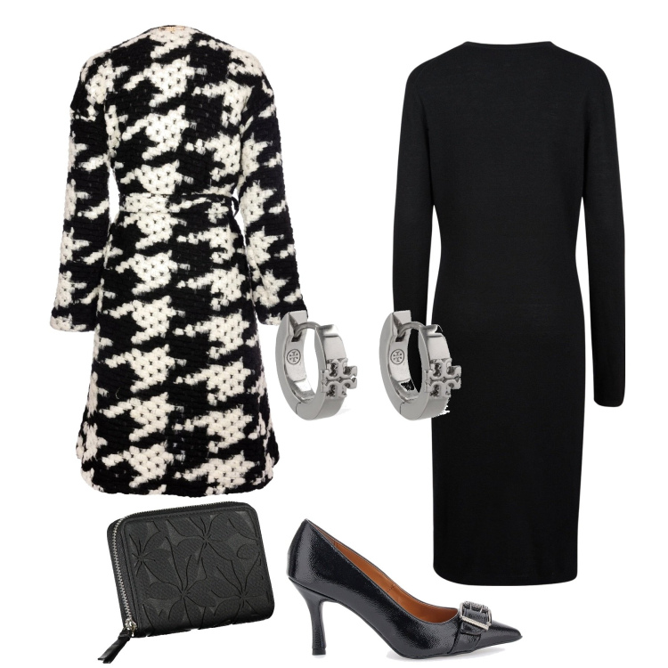 Outfit donna - Pied de poule. Stile Chic per Serata fuori. Abbinamento con cappotti, décolleté, vestiti midi/longuette, orecchini, portafogli.