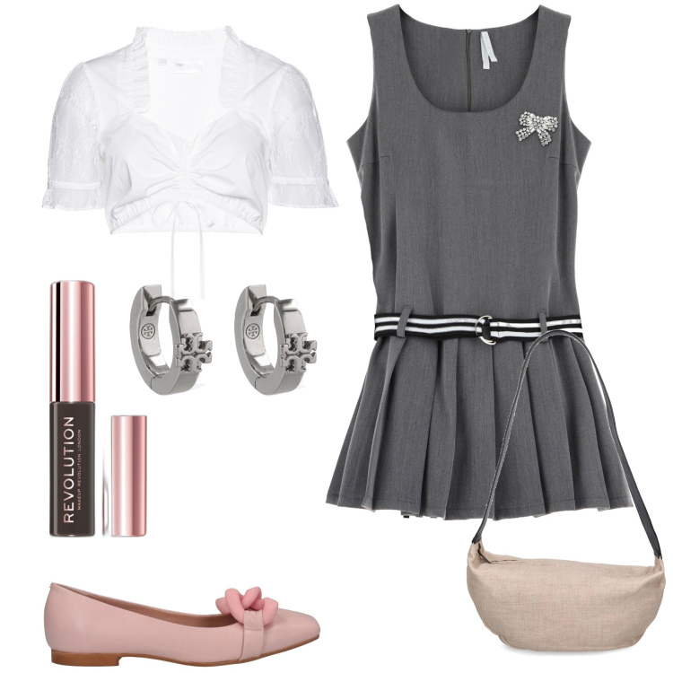 Outfit donna - Revolution. Stile Preppy per Tutti i giorni. Abbinamento con camicie, ballerine, mascara, vestiti corti, borse a spalla, orecchini.