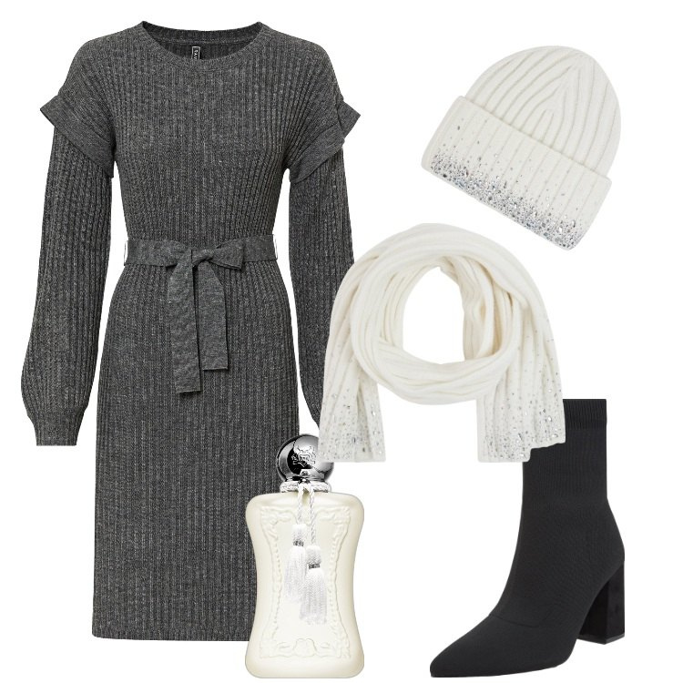 Outfit donna - Total look #2016141. Stile Casual per Tutti i giorni. Abbinamento con vestiti, profumi, berretti, stivaletti, sciarpe.