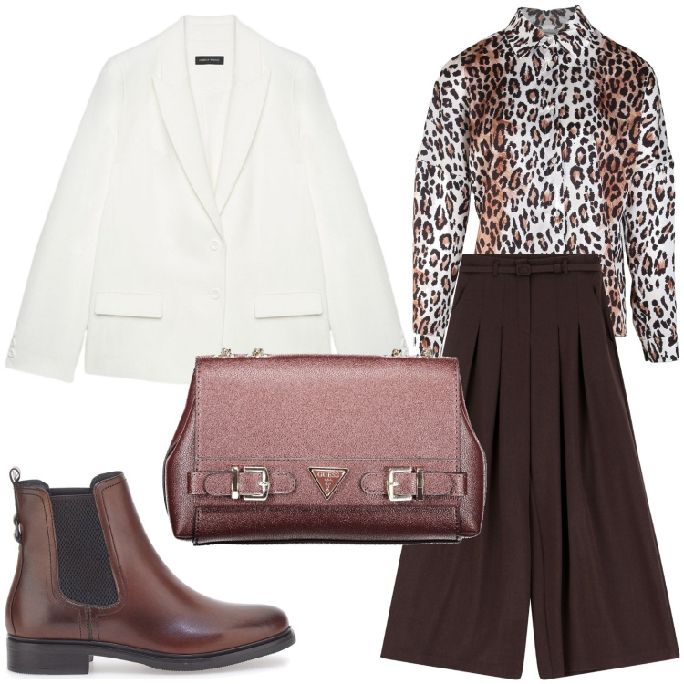 Outfit donna - Ideale per l\'ufficio. Stile Bon Ton per Ufficio. Abbinamento con camicie, pantaloni a palazzo, stivaletti, borse a spalla, blazer.
