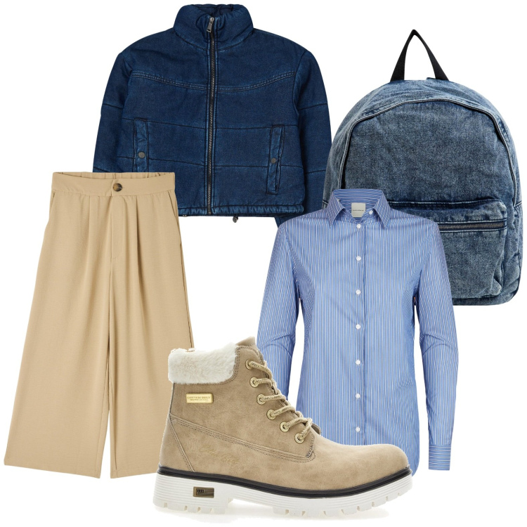 Outfit donna - Giornata dinamica in città. Stile Basic per Tutti i giorni. Abbinamento con pantaloni a palazzo, blazer, zaini, stivaletti, camicie.
