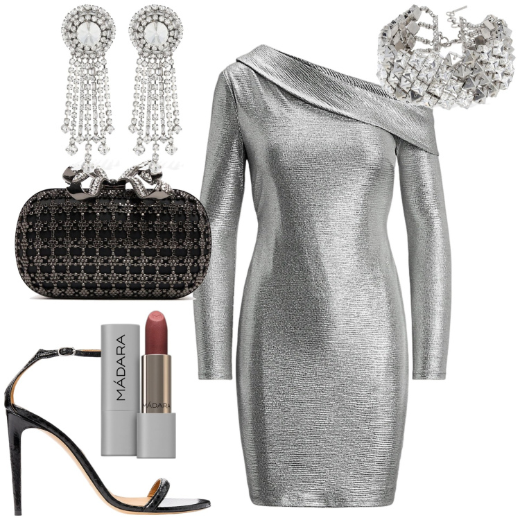 Outfit donna - Shine!. Stile Glamour per Serata fuori. Abbinamento con rossetti, sandali in pelle, vestiti, orecchini, pochette, collane.