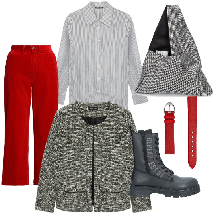Outfit donna - Giornata comoda. Stile Casual per Ufficio. Abbinamento con anfibi, pantaloni, orologi, blazer, borse a spalla, camicie.