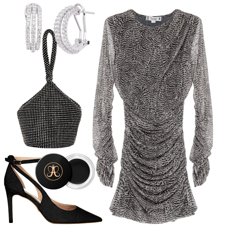 Outfit donna - Serata. Stile Glamour per Serata fuori. Abbinamento con ombretti, orecchini, vestiti corti, pochette, décolleté.