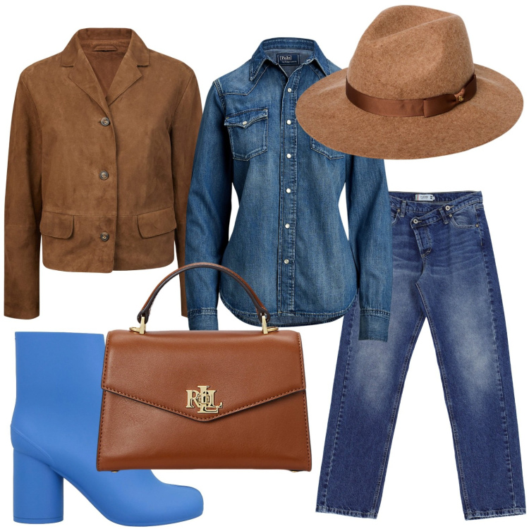 Outfit donna - Il cappello con la tesa. Stile Glamour per Tutti i giorni. Abbinamento con stivaletti, jeans, borse a mano, camicie, cappelli, blazer.