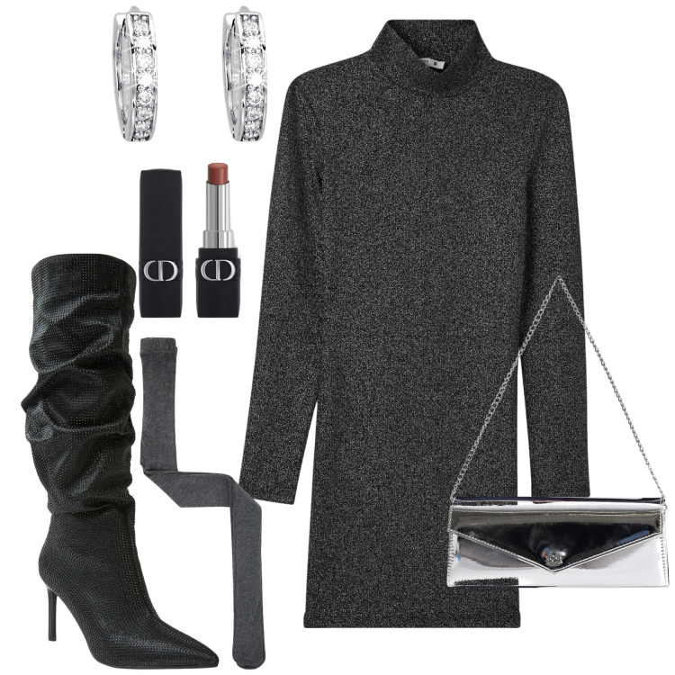 Outfit donna - Serata. Stile Sexy per Serata fuori. Abbinamento con rossetti, vestiti corti, stivali, collant, orecchini, pochette.