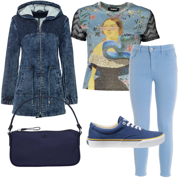 Outfit donna - Pop art. Stile Casual per Tutti i giorni. Abbinamento con parka, jeans skinny, sneakers, pochette, t-shirt.